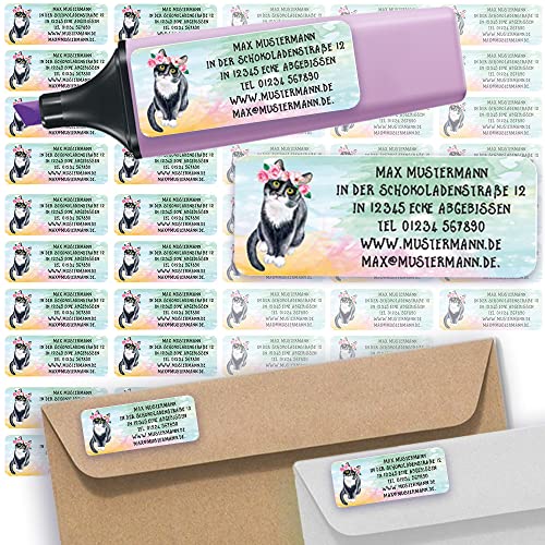 Adress-Etiketten - Adress-Aufkleber Sticker Namensaufkleber mit Ihrem Wunschtext 57x 23mm, für 1 bis 5 Zeilen Text - 45 Stück 45 Hintergründe zur Auswahl (38 Katze Cat) von Sunnywall