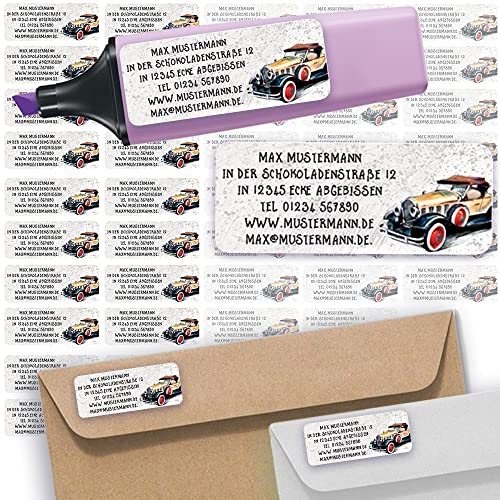 Adress-Etiketten - Adress-Aufkleber Sticker Namensaufkleber mit Ihrem Wunschtext 57x 23mm, für 1 bis 5 Zeilen Text - 45 Stück 45 Hintergründe zur Auswahl (45 Oldtimer Auto) von Sunnywall