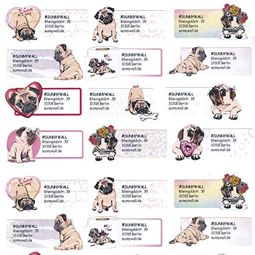 Mops pug Hund Adress-Etiketten - Adress-Aufkleber Sticker mit Ihrem Wunschtext 53x 21mm, für 1 bis 5 Zeilen Text (24 Stück (1 x A4 Bogen)) von Sunnywall