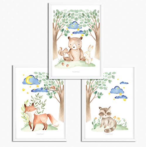 Sunnywall® 3er Set Poster Waldtiere Gute Nacht Kinderzimmer - A4 Bilder Babyzimmer Kinderposter | OHNE Bilderrahmen | - Deko Mädchen Junge | (Woodland Waldtiere Gute Nacht, A4 (21 cm x 29,7 cm)) von Sunnywall