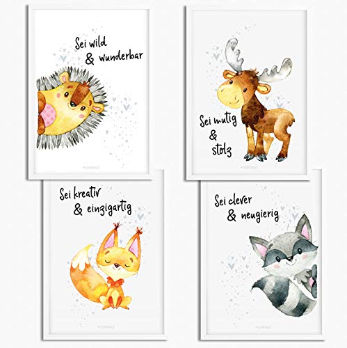 Sunnywall® 4er Set Poster Kinderzimmer - A4 Bilder Babyzimmer Kinderposter | OHNE Bilderrahmen | - Deko Mädchen Junge | Igel Fuchs Eichhörnchen Elch Waschbär Waldtiere von Sunnywall