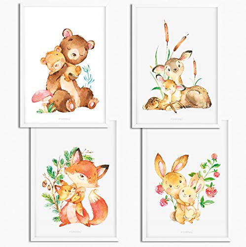 Sunnywall® 4er Set Poster Kinderzimmer - A4 Bilder Babyzimmer Kinderposter | OHNE Bilderrahmen | - Deko Mädchen Junge | Waldtiere Bär Fuchs Bambi Reh Hase von Sunnywall