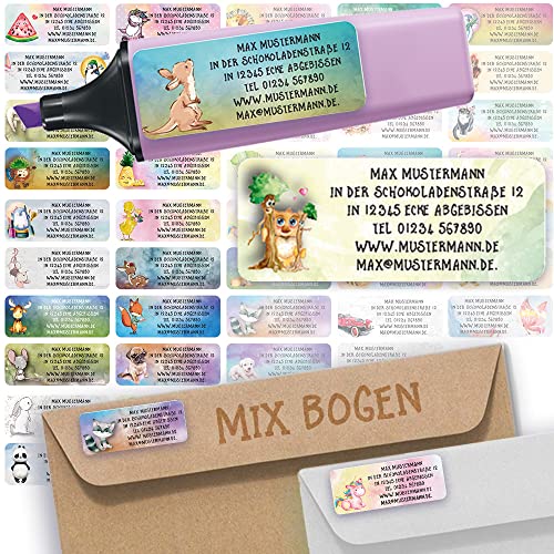 Sunnywall® Adress-Etiketten - Adress-Aufkleber Sticker Namensaufkleber mit Ihrem Wunschtext 57x 23mm, für 1 bis 5 Zeilen Text - 45 Stück 45 Hintergründe zur Auswahl (Mix Etiketten) von Sunnywall