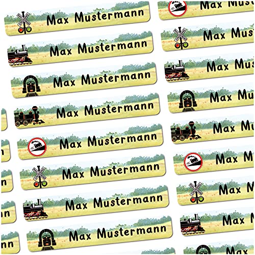 72 Stück personalisierte Namensaufkleber für Schulsache. Für Kinder Schule und Kindergarten zum Markieren von Gegenständen (Eisenbahn) Maße 4,9 x 0,75cm von Sunnywall