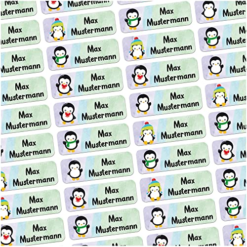 60 Stück personalisierte Namensaufkleber für Schulsache. Für Kinder Schule und Kindergarten zum Markieren von Gegenständen (Pinguin) Maße 4,8x1,6cm von Sunnywall