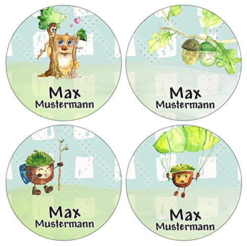 Sunnywall® Runde Aufkleber Namensaufkleber Federmappe Kinder & Erwachsene Namen Sticker Aufkleber Sticker 44 Stück Schule und Kindergarten - wasserfest (Herbst Kastanie Freunde) von Sunnywall