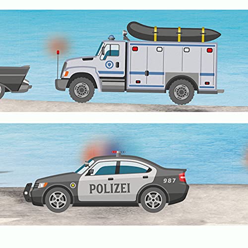 Sunnywall® Wandbordüre Bordüre Polizei Einsatzfahrzeuge Autos einzigartiges Design | Baby- Kinderzimmer Dekoration | hochwertiges Tapetenvlies | 400 x 12 cm von Sunnywall