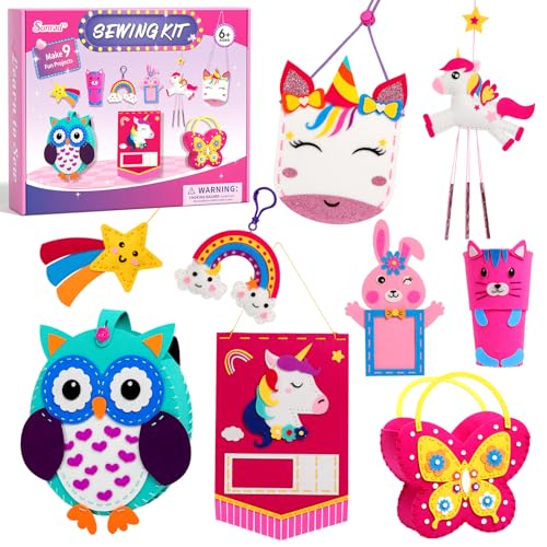 Sunrad Nähset Kinder,9 Stücke Filz Nähen Kits DIY Art Craft kreativ Bastelset Kinderbastelset,Enthält Einhorn,Anleitung & Filzmaterial zum Nähen lernen,Kreativ Geschenk für Kinder Mädchen 6-12 Jahren von Sunrad