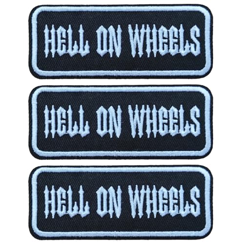 Sunshine Patch 3 Stück Hell On Wheels bestickter Aufnäher zum Aufbügeln, Biker-Weste, Text, Jeans, Kleidung, Stoffabzeichen von Sunshine Patch
