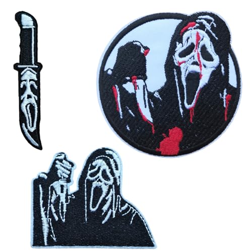 Sunshine Patch 3 Stück Horrorfilm Scream Killer bestickter Aufnäher zum Aufbügeln auf Halloween, Jacke, Kleidung, Stoffabzeichen von Sunshine Patch