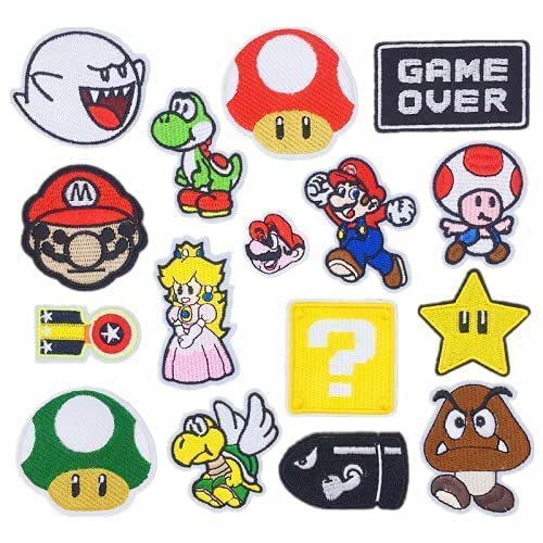 16Pcs Mario-Aufnäher zum Aufbügeln,Flicken zum Aufbügeln,Patches zum Aufbügeln,Jeansflicken Draufbügeln,Bügelbilder für Textilien Kinder,Mario Bros ​Videospiele Bestickt,Aufnäher für Kleidung von Sunshine smile