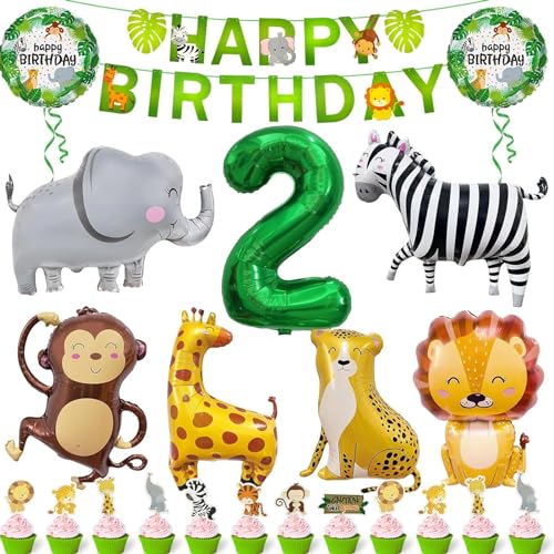 34 Stück Dschungel Geburtstag Dekoration,Safari Tiere Folienballon 2,Dschungel Geburtstagsdeko 2 Jahr,Dschungel Luftballons,Safari Happy Birthday Banner,Dschungel Deko 2 Geburtstag von Sunshine smile