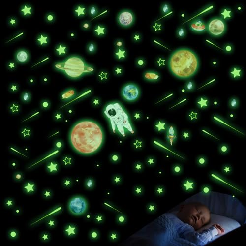 849 Stück Leuchtsterne Kinderzimmer Astronaut Planeten Leuchtsterne Selbstklebend Sternenhimmel Wandaufkleber Leuchtsticker Fluoreszierende Sterne Leuchtaufkleber Wandsticker Für Jungen Mädchen von Sunshine smile