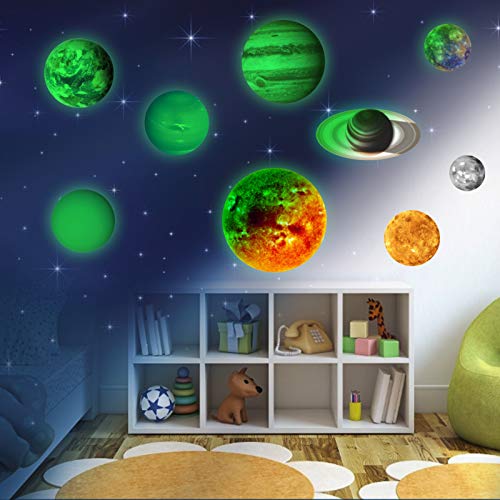 9 Planeten Sonnensystem Wandsticker, Leuchtsticker Sonne Erde Fluoreszierend Wandaufkleber Hausdekoration Wandtattoo Wanddekoration für Kinderzimmer Kindergarten Baby Schlafzimmer Wohnzimmer von Sunshine smile