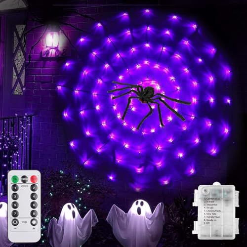 Halloween Spinnennetz Lichter,Deko Halloween Draußen,70 LED Spinnennetz Licht mit 8 Modi und Spinne,Halloween Deko Licht,LED Lichternetz für Party, String Light für Halloween von Sunshine smile