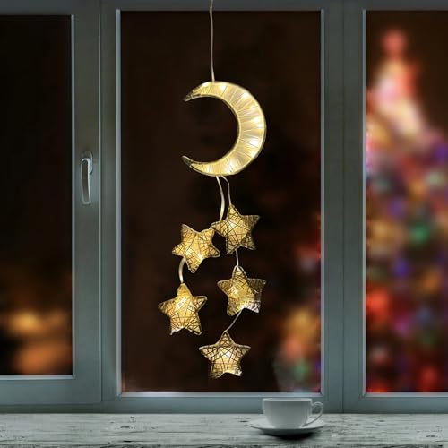 LED Fensterdeko Weihnachten,Weihnachtsbeleuchtung Fenster Innen,LED Sterne Weihnachtsbeleuchtung,Lichterkette Innen,Rattan Mond Sterne Lichterkette Deko,Stern Fenster Beleuchtet mit Batteriebetriebene von Sunshine smile