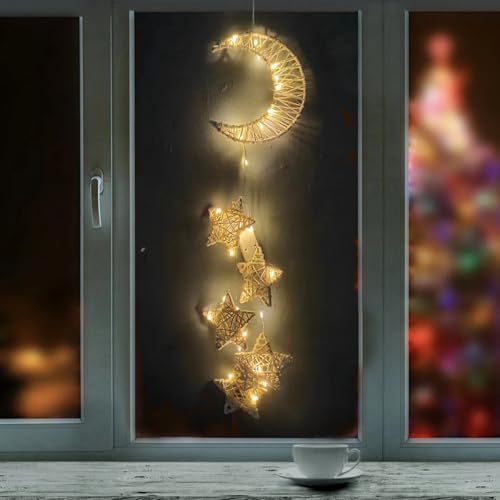 Sunshine smile Ramadan Deko Lichterkette,LED Sterne Weihnachtsbeleuchtung,Lichterkette Innen,Rattan Mond Sterne Lichterkette Deko,Stern Fenster Beleuchtet mit Batteriebetriebene von Sunshine smile