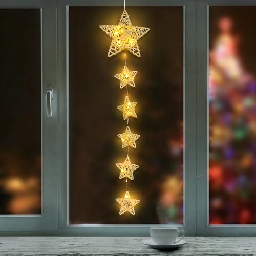 Sunshine smile Ramadan Deko Lichterkette,LED Sterne Weihnachtsbeleuchtung,Lichterkette Innen,Rattan Sterne Lichterkette Deko,Stern Fenster Beleuchtet mit Batteriebetriebene von Sunshine smile