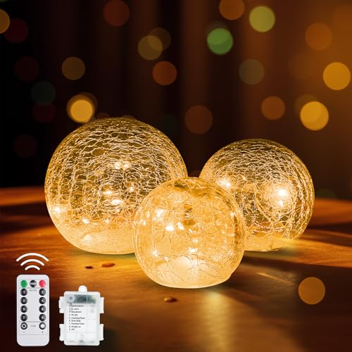 LED Kugelleuchte 3er Set,8 Modi Deko Lampe Batteriebetrieben,LED Glaskugel Lichterketten,Glasball LED Kugel,LED Kugel mit Timer,Dekoleuchte Batteriebetrieben,Weihnachtsdeko Beleuchtet mit Crackle Glas von Sunshine smile