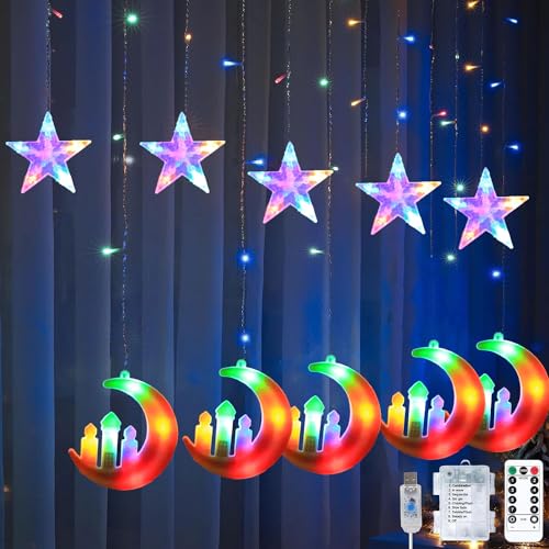 LED Ramadan Licht,Stern Mond Lichterketten,Stern Lichterkette Lichtervorhang,LED Vorhang Lichter,Wasserdicht Sternenvorhang mit 8 Blinkenden Modi & Fernbedienung,Batterie & USB Betriebene Lichterkette von Sunshine smile