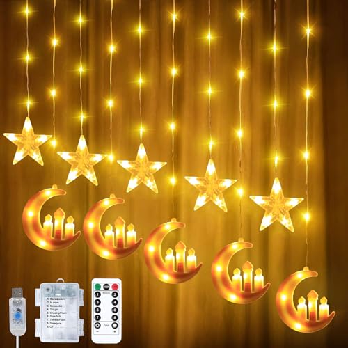 LED Ramadan Licht,Stern Mond Lichterketten,Stern Lichterkette Lichtervorhang,LED Vorhang Lichter,Wasserdicht Sternenvorhang mit 8 Blinkenden Modi & Fernbedienung,Batterie & USB Betriebene Lichterkette von Sunshine smile