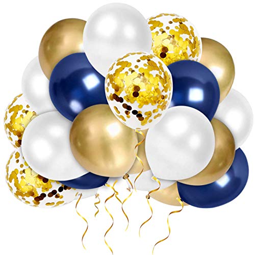 Luftballons Blau Gold Weiß,50 Stück 12 Zoll Metallic Luftballons Set, Luftballons Metallic Latex Ballons Konfetti Ballon Helium Luftballon für Geburtstag Hochzeit Babyparty Party Deko von Sunshine smile