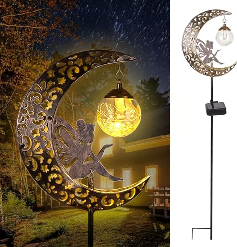 Mond Solarleuchten Garten,Freien Solarlampe für Außen,LED Glaskugel Gartenleuchte,Elfe Blumenfee Solarleuchte,Solarleuchte mit Erdspieß,Metall Mond Solar Gartenleuchte,Wasserdichte Wegeleuchte-A1 von Sunshine smile