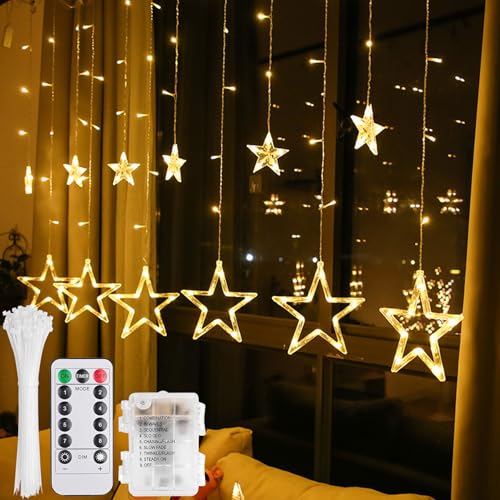 Weihnachtsbeleuchtung Fenster,138 LED 12 Lichtervorhang Sterne Warmweiß,Lichterkette Sterne mit Batterie and USB,Lichterkette Außen Weihnachten,Lichtervorhang Innen,Sunshine smile Geburtstagsgeschenk von Sunshine smile