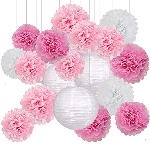 Sunshine smile 18er Set Seidenpapier Pompoms Deko Hochzeit,Seidenpapier Pompoms Blumen,Papierblumen Pompons,Hochzeit deko Pompoms,Laternen Wabenbälle,mit 2 Papierlaterne von Sunshine smile