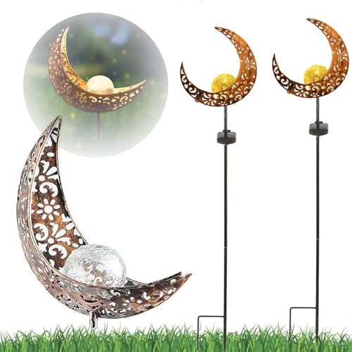 Sunshine smile 2 Stück Mond Solarleuchten Garten,Freien Solarlampe für Außen,LED Glaskugel Gartenleuchte,Solarleuchte mit Erdspieß,Metall Mond Solar Gartenleuchte,Wasserdichte Wegeleuchte von Sunshine smile