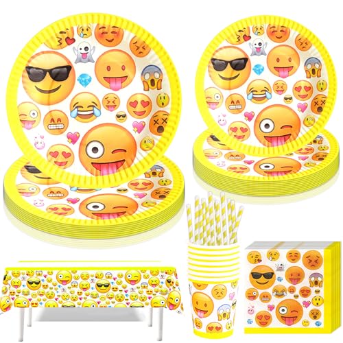 Sunshine smile 51 Stück Emoji Partygeschirr Set,Partygeschirr Geburtstag,Kindergeburtstag Geschirr Set,Kindergeburtstag Deko,Geburtstag Deko,Mit Teller Becher Servietten,Party Geschirr für 10 Gäste von Sunshine smile