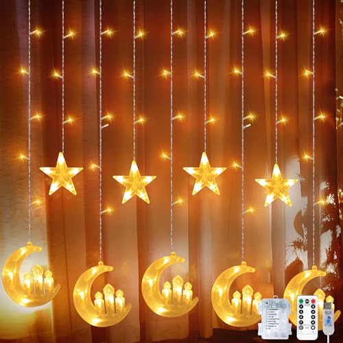 Sunshine smile Lichterkette Mond Sterne,Ramadan Licht Stern Mond Lichterketten,138 LED Star Moon Vorhang Lichterkette,8 Modi Lichtervorhang USB & Batterie Betriebene mit Fernbedienung von Sunshine smile