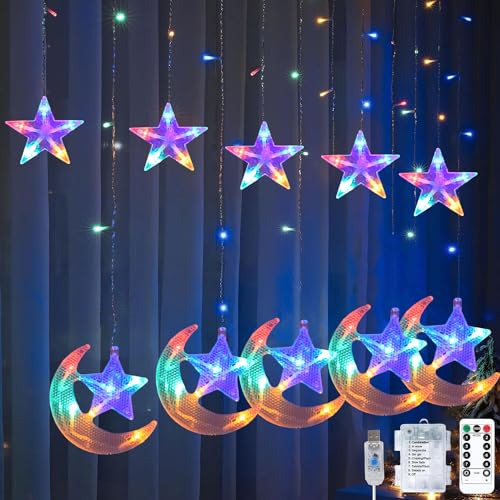 Sunshine smile Lichterkette Mond Sterne,Ramadan Licht Stern Mond Lichterketten,138 LED Star Moon Vorhang Lichterkette,8 Modi Lichtervorhang USB & Batterie Betriebene mit Fernbedienung von Sunshine smile