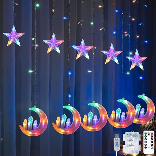 Sunshine smile Lichterkette Mond Sterne,Ramadan Licht Stern Mond Lichterketten,138 LED Star Moon Vorhang Lichterkette,8 Modi Lichtervorhang USB & Batterie Betriebene mit Fernbedienung von Sunshine smile