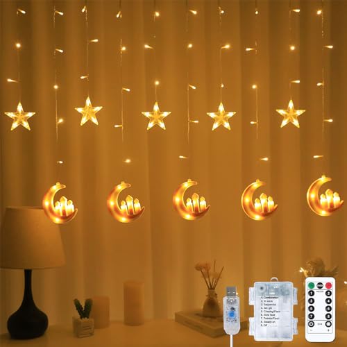 Sunshine smile Lichterkette Mond Sterne,Ramadan Licht Stern Mond Lichterketten,138 LED Star Moon Vorhang Lichterkette,Ramadan Lichterkette,8 Modi Lichtervorhang USB & Batterie Betriebene von Sunshine smile