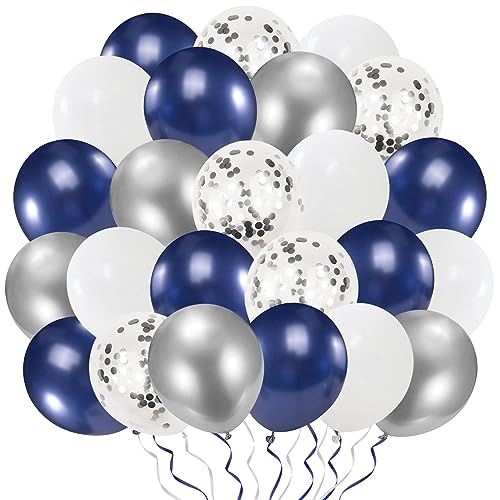 Luftballons Blau Silber Weiß, 50 Stück 12 Zoll Silber Metallic Luftballons, Helium Ballons, Latex Ballons, Konfetti Luftballons für Kinder Junge Geburtstag Babyparty Hochzeit Party Deko von Sunshine smile