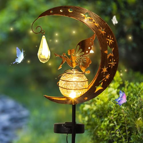 Sunshinesmile Mond Solarleuchten Garten,Freien Solarlampe,LED Glaskugel Gartenleuchte,Gartendeko für Hof Rasen,Elfe Blumenfee Solarleuchte,Solarleuchte mit Erdspieß,Metall Mond Solar Gartenleuchte von Sunshine smile