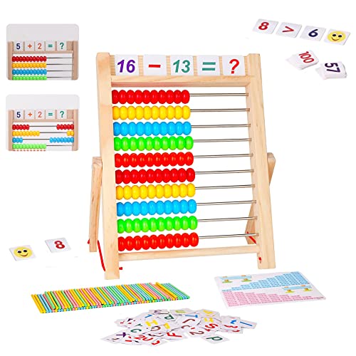 Sunshine smile rechenschieber,mit 100 Mathe-Stick und 80 Mathekarten,Holz Rechenschieber,Holzspielzeug Baby,Montessori Spielzeug,Mathematik mit 100 Holzperlen Lernspielzeug Geschenke für Kinder von Sunshine smile