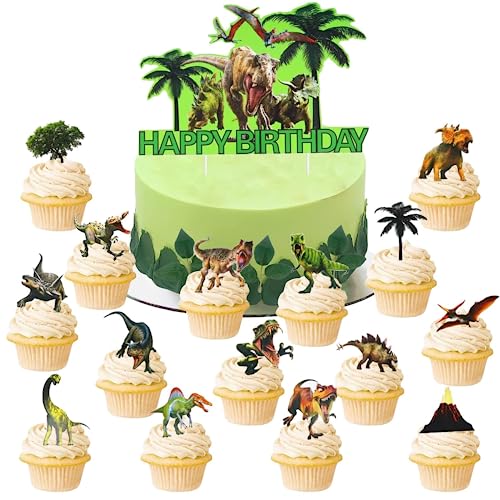 Dinosaurier Cake Topper,16 Stück Happy Birthday Tortenstecker,Dinosaurier Topper,Dino Muffin Deko,Geburtstagsdeko,Dinosaurier Thema Dekoration,Tortendeko,Kuchendeko von Sunshine smile