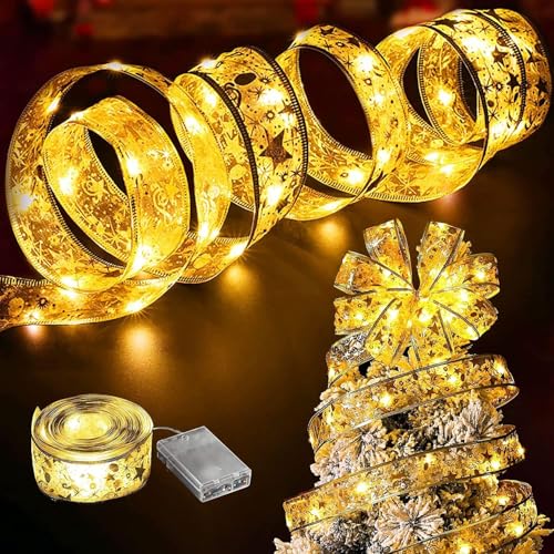 Weihnachtsband Lichterkette,10M Glänzende Band Lichterkette,100 LED Weihnachtsband,Band Schleifen Lichter,Weihnachts Lichterkette,Ribbon Lights Christmas Tree,Strip Lichtband für Weihnachtsbaum von Sunshine smile