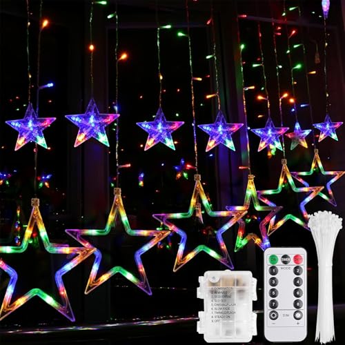 Weihnachtsbeleuchtung Fenster,138 LED 12 Lichtervorhang Sterne Bunt,Lichterkette Sterne mit Batterie and USB,Lichterkette Außen Weihnachten,Lichtervorhang Innen,Weihnachtsbeleuchtung Innen von Sunshine smile