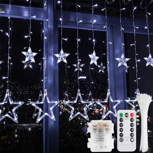 Weihnachtsbeleuchtung Fenster,138 LED 12 Lichtervorhang Sterne Weiß,Lichterkette Sterne mit Batterie and USB,Lichterkette Außen Weihnachten,Lichtervorhang Innen,Weihnachtsbeleuchtung Innen von Sunshine smile