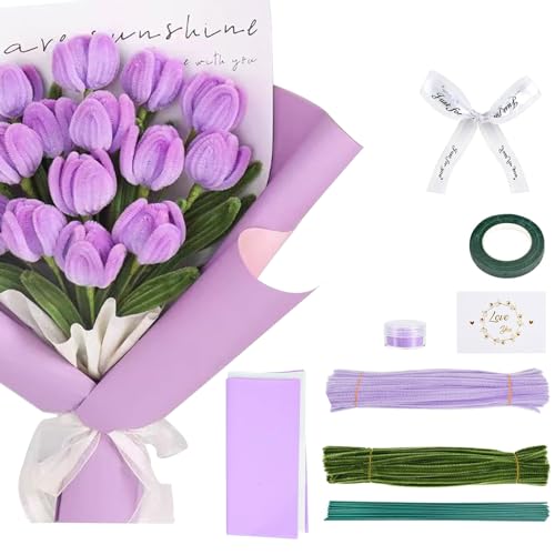 130 Stück Pfeifenreiniger Blumen, Pfeifenputzer Zum Basteln, Pfeifenreiniger lila mit Geschenkpapier, GrußKarte, Band, Blumenstab, für DIY Tulpenstrauß Bastelprojekte und Dekorationen (Lila Tulpen) von Sunshinestar