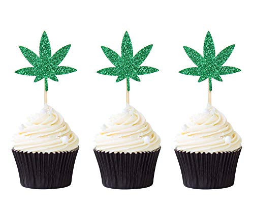 24 Stück Marihuana-Blatt Cupcake Topper Glitzer Grün Blatt Cupcake Picks Thema Party Dekorationen Supplies von Suntop Crafts