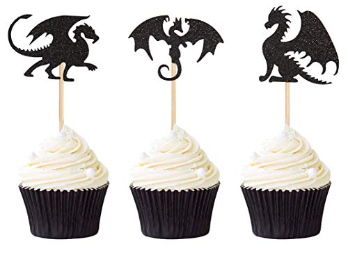 24-teiliges schwarzes Glitzer-Drachen-Set, Cupcake-Topper, Motto-Party-Kuchen-Dekorationszubehör von Suntop Crafts