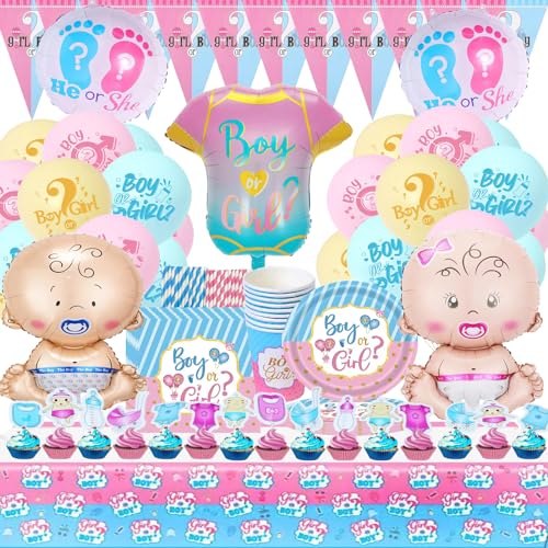 SunwE 115PCS Boy or Girl Gender Reveal Party Teller Set, Gender Reveal Party Deko Geschirr, Babyparty Deko Mädchen Pappteller, Baby Shower Deko, Pappteller Servietten Becher Tischdeko Boy or Girl Deko von SunwE