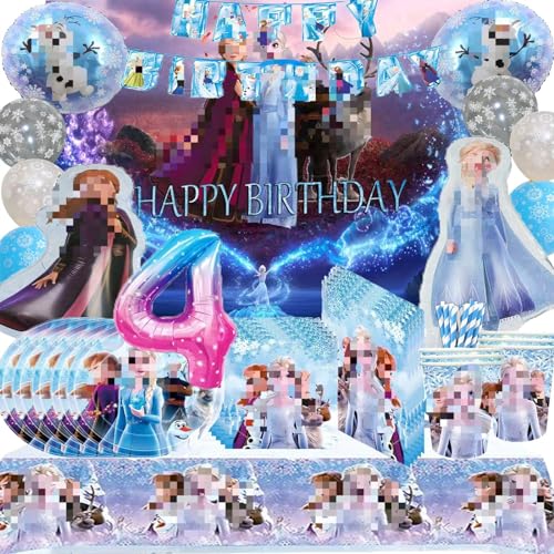 SunwE 65 PCS Prinzessin Geburtstagsdeko, Prinzessin Party Geburtstag Deko 4 Jahre, Els Party Deko Kindergeburtstag 4, Luftballon Banner Tischdecke Teller Papiertuch Party Deko von SunwE