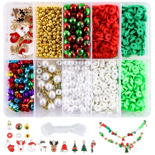 1320 Pcs Weihnachten Perlen Set,Polymer Tonperlen Sortiment,Weihnachten Charm Anhänger Basteln Perlen Zum Auffädeln,Glasperlen,Glöckchen,DIY Schmuckherstellung Halskette Armband Ohrringe Geschenk von Sunwuun