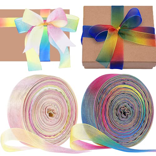 2 Rollen 25m/25mm Regenbogen Organzaband Geschenkband,Organza Bänder Regenbogen deko schleifenband Gradient Farben Schimmer Sheer Seidenband Breit Hochzeit Geburtstag Weihnachten Geschenkverpackung von Sunwuun