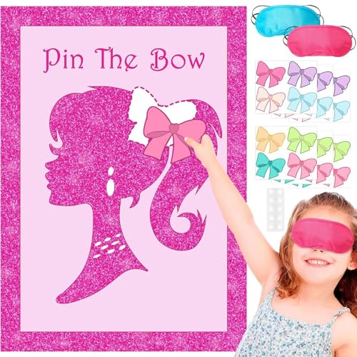 Pin The Bow Partyspiele für Kindergeburtstag,Kindergeburtstag Spiele,Rosa Prinzessinnen Poster,Rosa Party Dekorationen für Kinder,Geburtstagsparty-Spiele,Rosa Geburtstagsdekorationen von Sunwuun